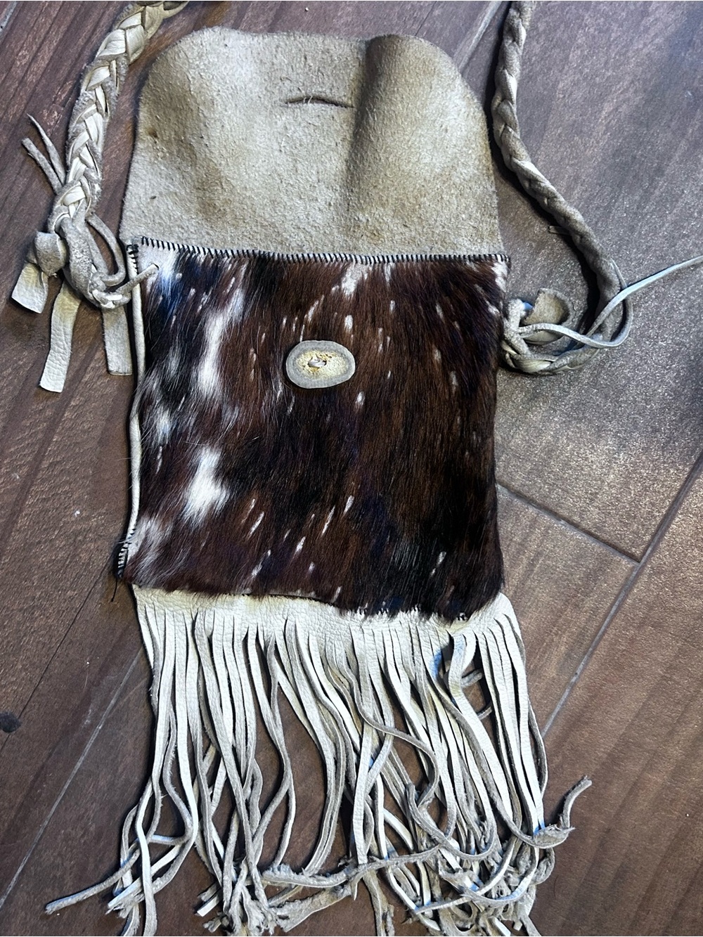 Vintage Handcrafted cowhide Fringe Crossbody Bag in Brown & Cream